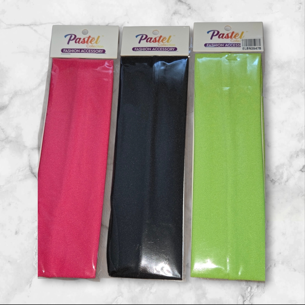 Pastels Elastic Headbands Trio - Hot Pink, Black & Lime Green